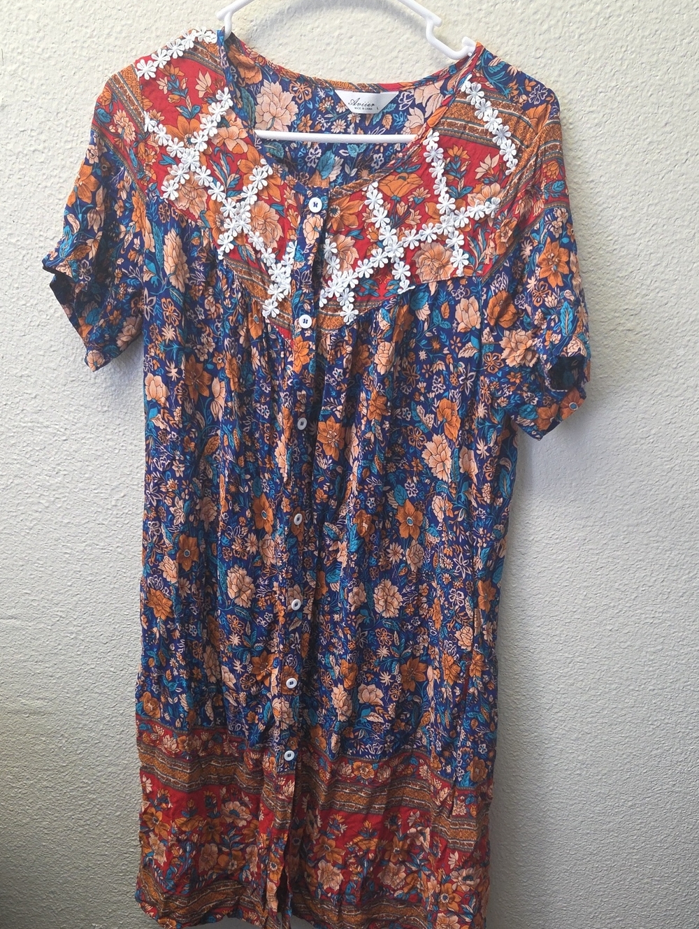 Floral Button-Front Tunic Dress in Blue & Orange - Casual Boho